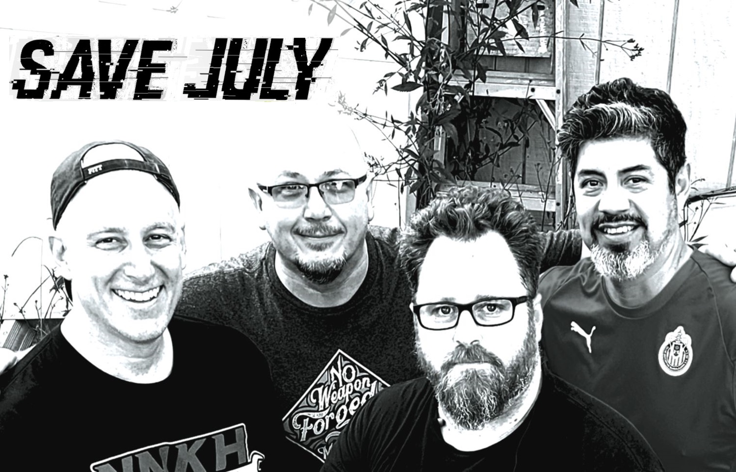 The four members of Save July together, in black and white, beneath the band's logo