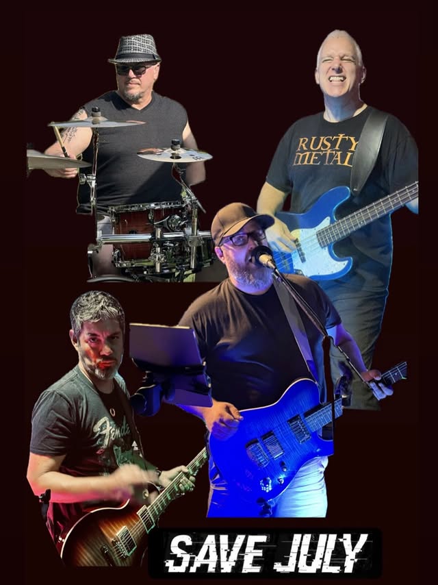 Collage of the drummer, bassist, and two guitarists of Save July